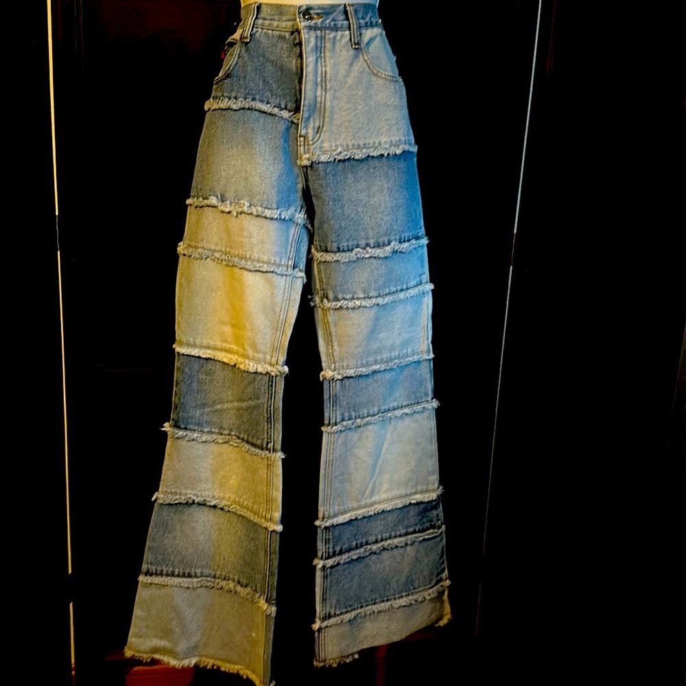 Zana Di Tiered Patchwork Denim Jeans Flare Leg Vintage 90s Y2k